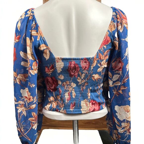 Urban Outfitters Cropped Blue‎ Floral Top Sheer Sleeve Bell Cuff Small - Picture 2 of 7